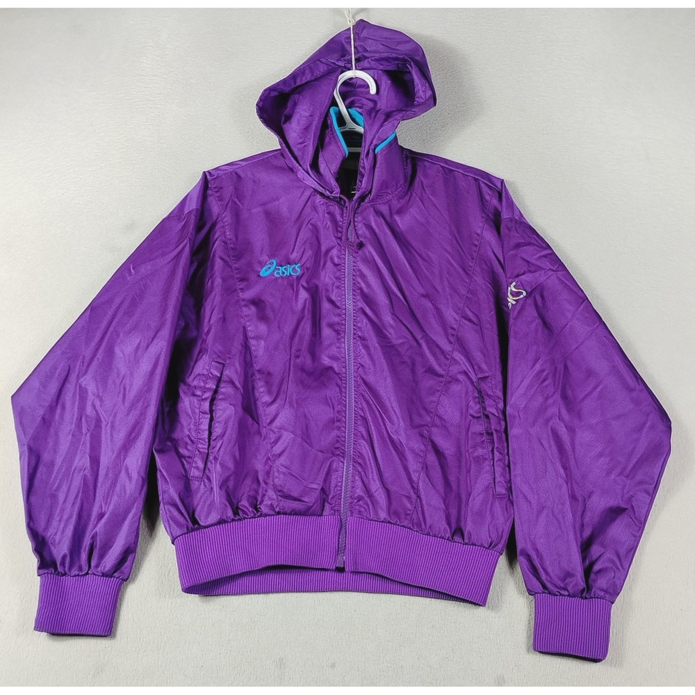 Vintage ASICS Jacket Womens Small Purple Hooded Windbreaker Mesh 90s Activewear